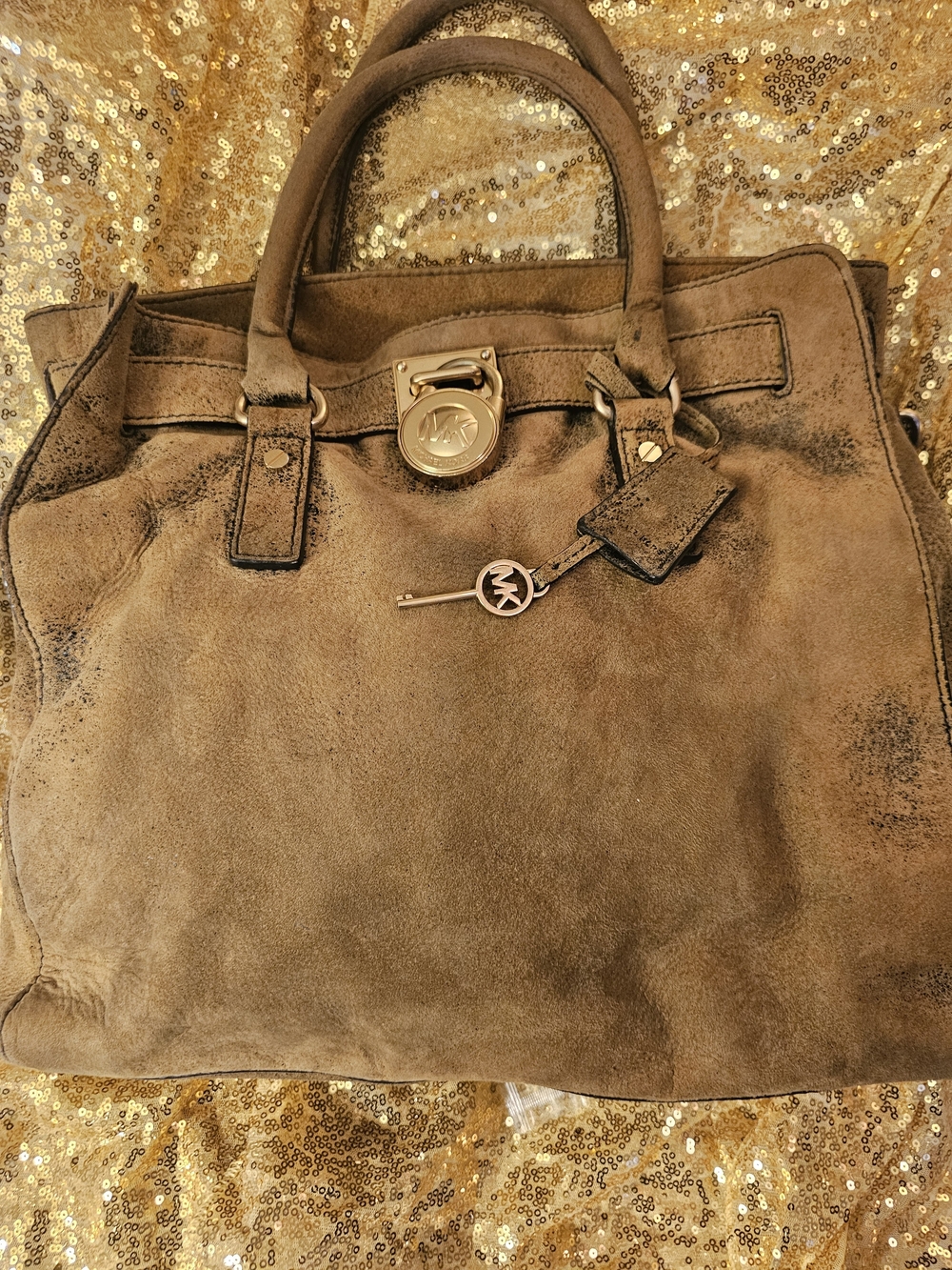 Michael Kors Brown Suede Tote Bag with Gold Hardware
